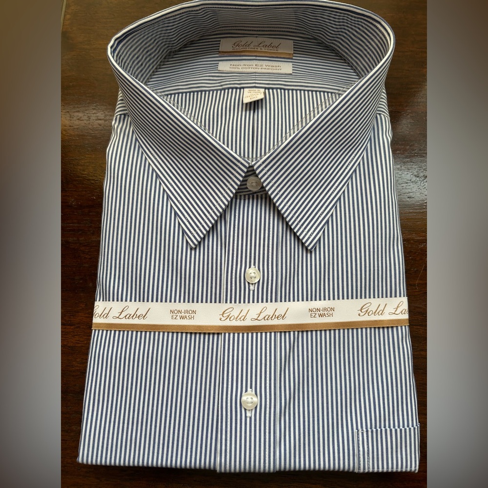 Roundtree & Yorke Navy Striped Dress Shirt BIG and Tall 20 36/37 No-Iron Cotton